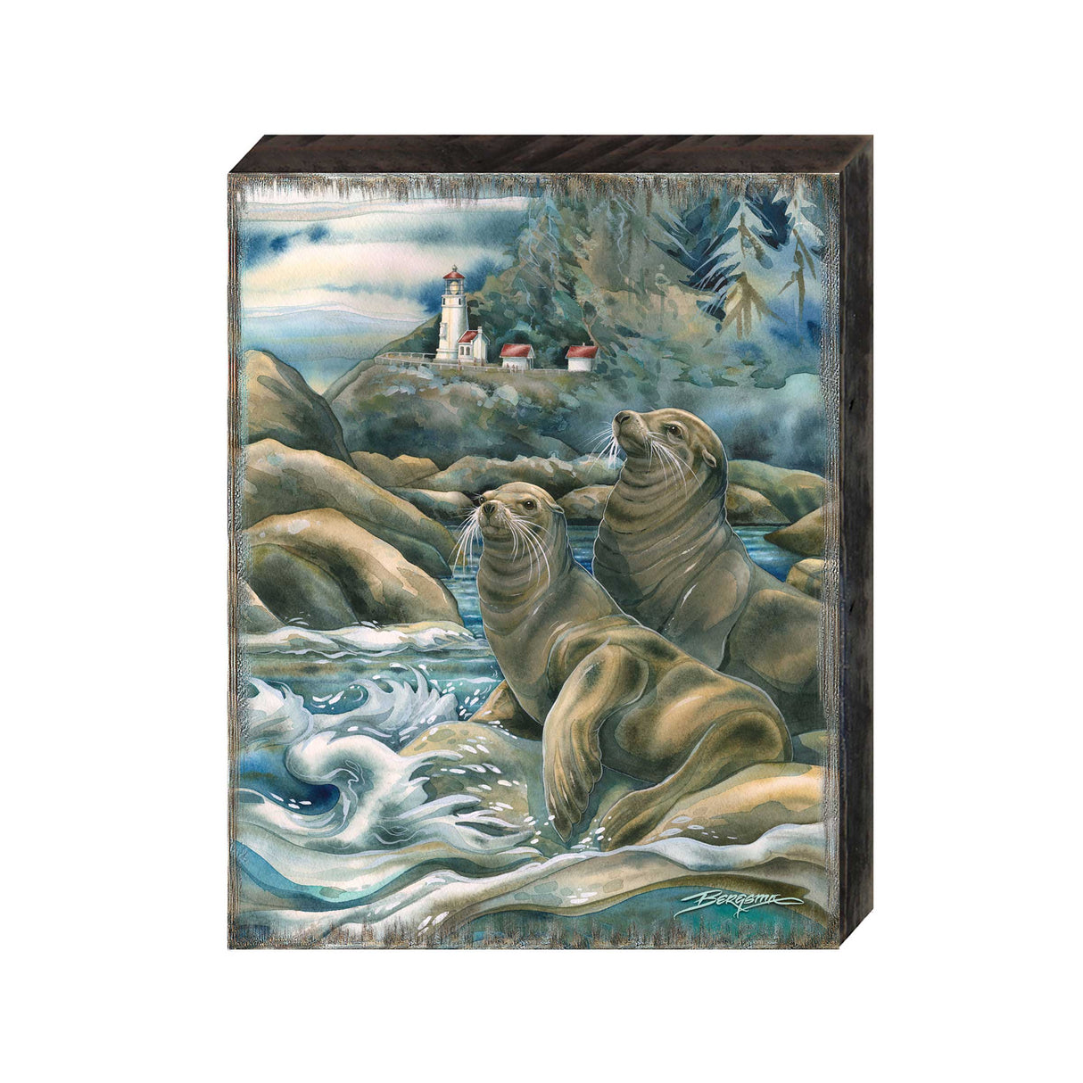Leones del Mar, Cuevas del Faro, Arte mural de madera de J. Bergsma - Decoración de vida silvestre - 85922883B-JB