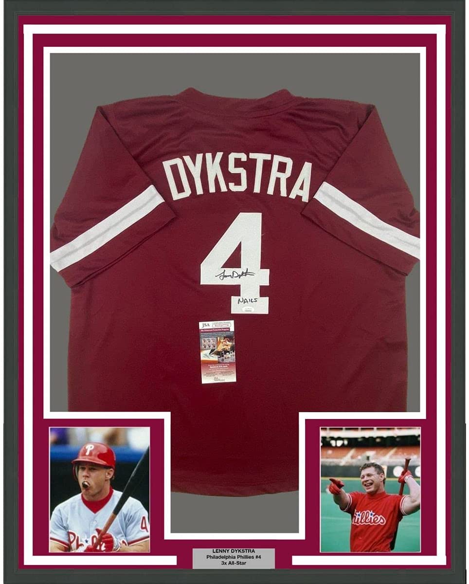 Camiseta de béisbol enmarcada, autografiada y firmada por Lenny Dykstra Nails, 35 x 39, color granate de Filadelfia, JSA COA