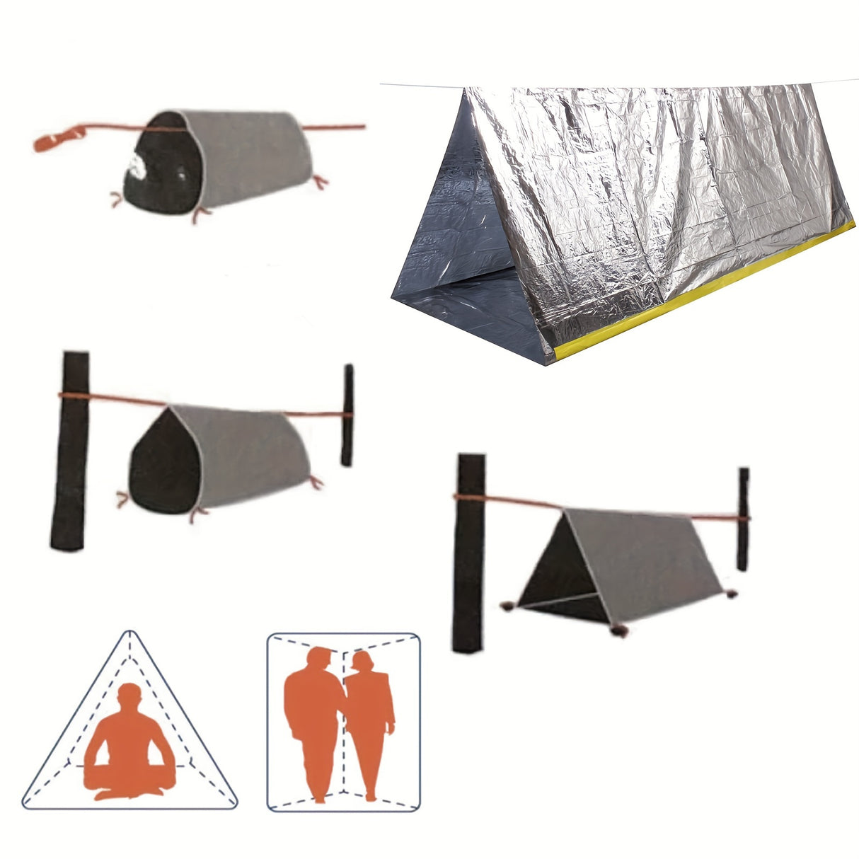 Tente d'abri d'urgence pour 2 personnes avec couverture isolante en polyéthylène : durable, coupe-vent et imperméable pour le camping et la préparation aux crises