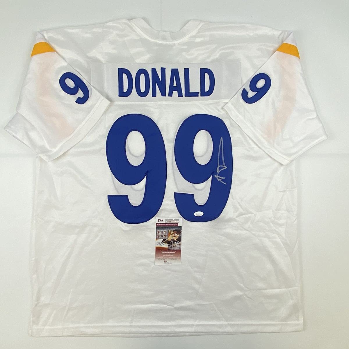 Camiseta de fútbol blanca autografiada/firmada de Aaron Donald Los Ángeles LA JSA COA