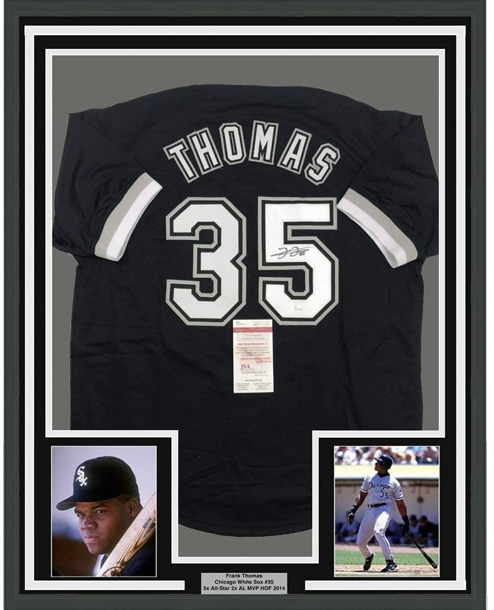 Camiseta de béisbol negra de Chicago, enmarcada, autografiada y firmada por Frank Thomas, 35 x 39, JSA COA