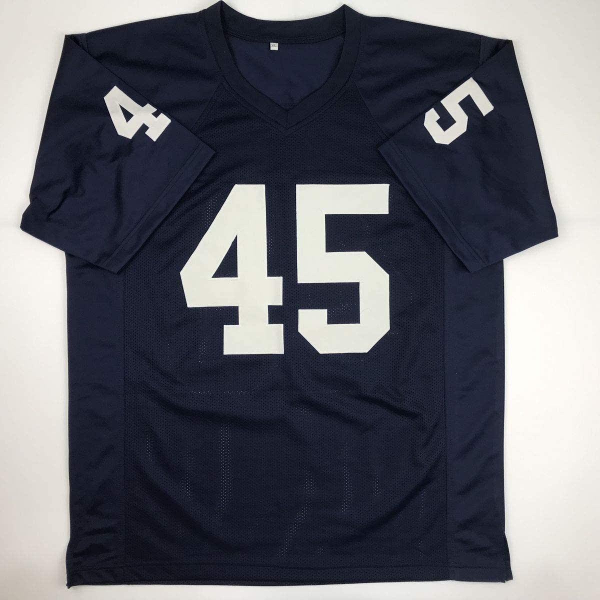 Camiseta de fútbol americano universitario azul autografiada/firmada de Rudy Ruettiger Never Quit Notre Dame JSA COA