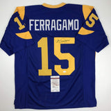 Camiseta de fútbol azul de Los Ángeles LA autografiada/firmada por Vince Ferragamo JSA COA