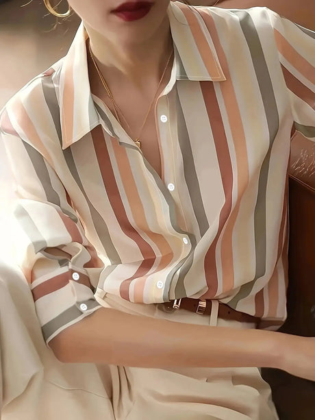 Ladies' Long-sleeved Striped Printed Versatile Casual Shirt - Lootquake
