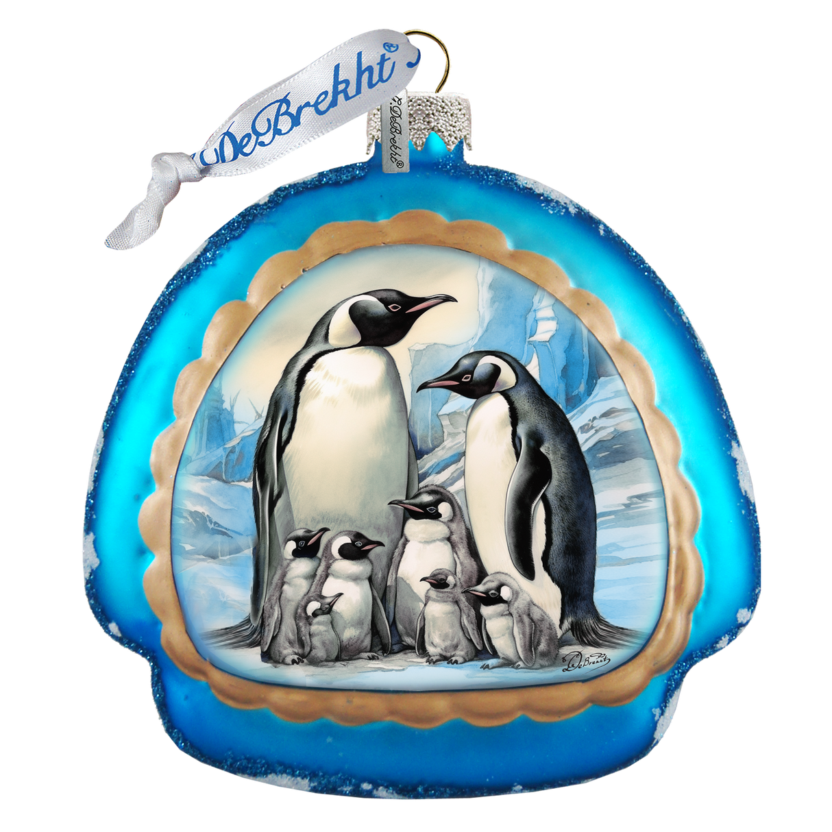 Amor en el hielo - Adorno de vidrio arcoíris con la familia de pingüinos de G. Debrekht - Decoración navideña con temática de vida silvestre - 756-019