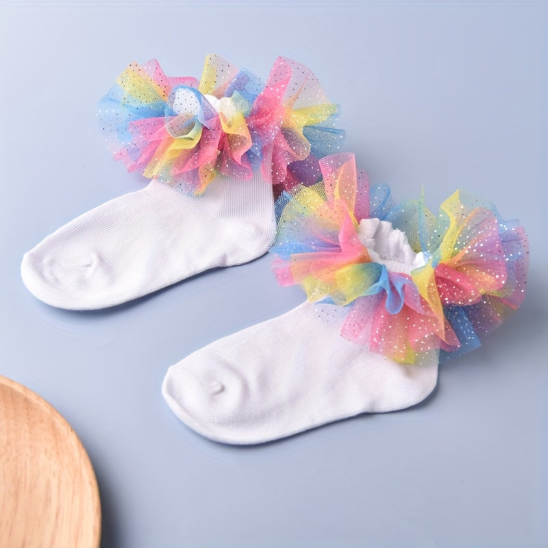1 par de calcetines de encaje suave con volantes para niñas - Ribete de volantes esponjoso para un adorable look de baile de princesa - Calcetines cómodos de mezcla de algodón