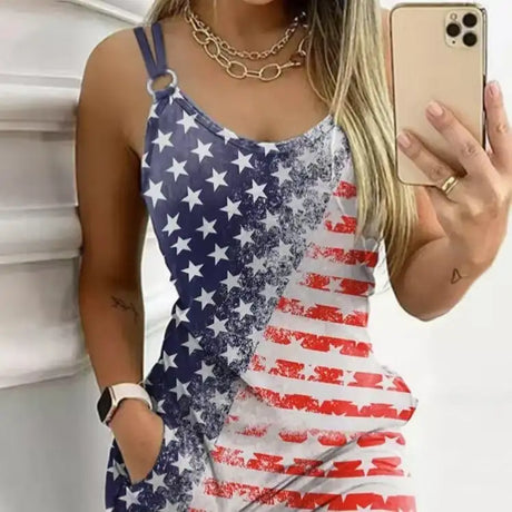 Ladies' V-neck American Flag Star Striped Pocket Shoulder Strap Mini Dress, Independence Day Dress - Lootquake
