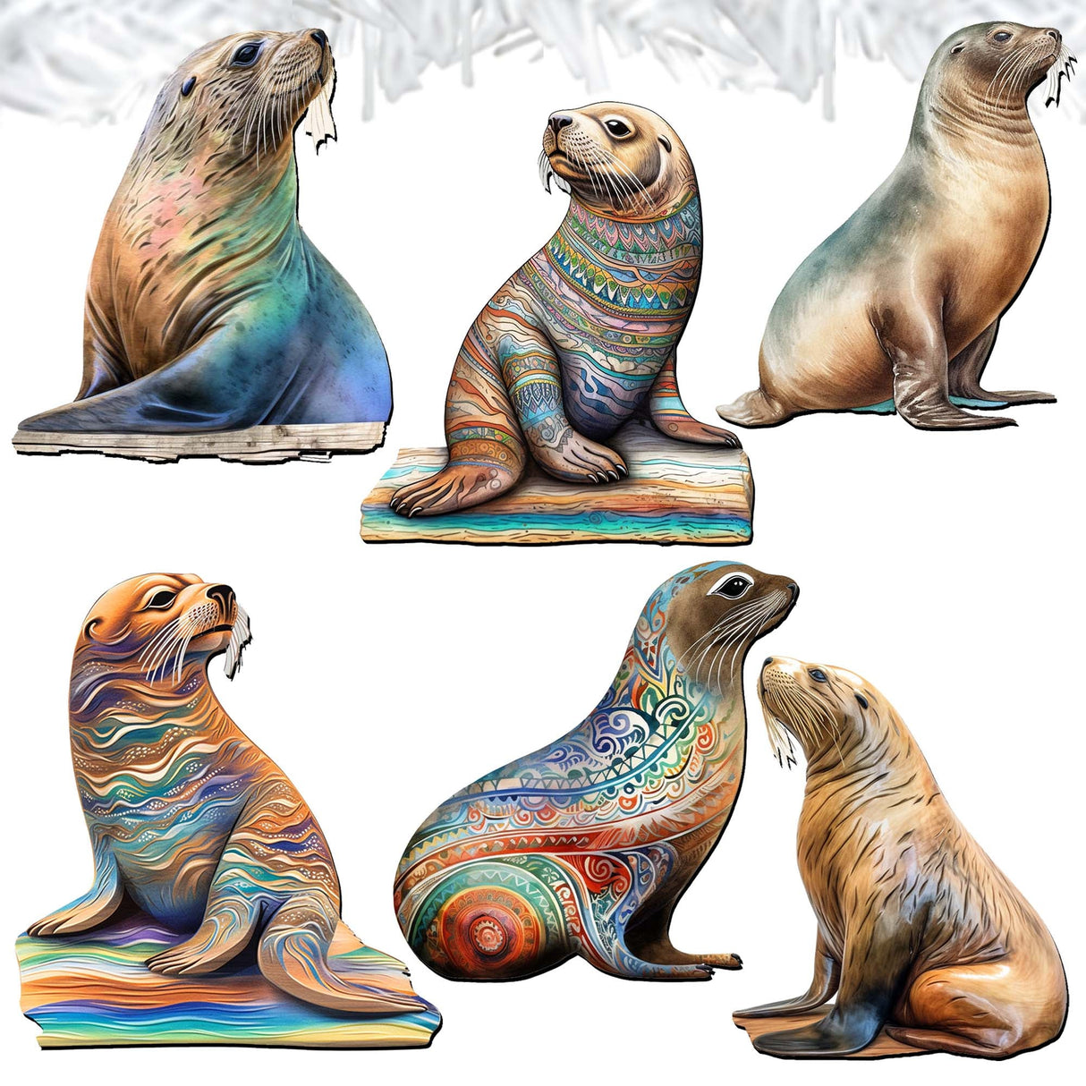 Magic Sea Lions Decorative Wooden Clip-on Ornaments Set of 6 by G. Debrekht - Wildlife Decor - 8090112C-S6