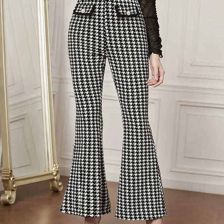 Women's Versatile Pants With Contrasting Colors, High Waisted Front Fake Pocket, Casual And Elegant Style, Hound Print Flared Pants - Lootquake