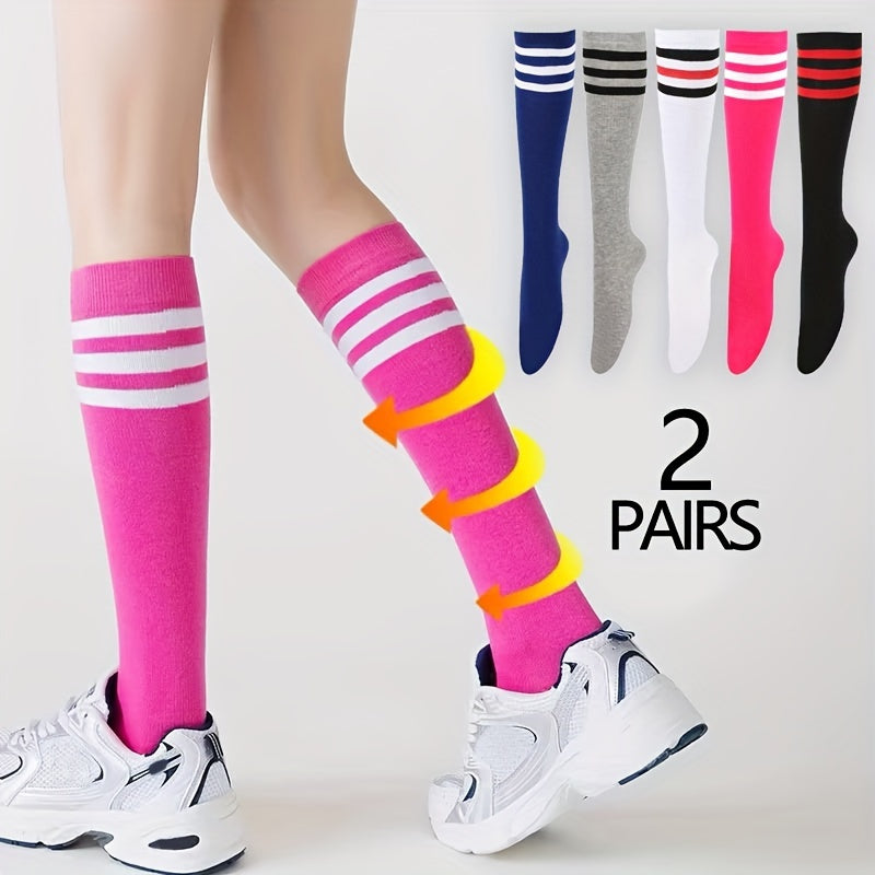 2 Pairs Striped Calf Socks, College Style Party Knee High Socks, Women's Stockings & Hosiery