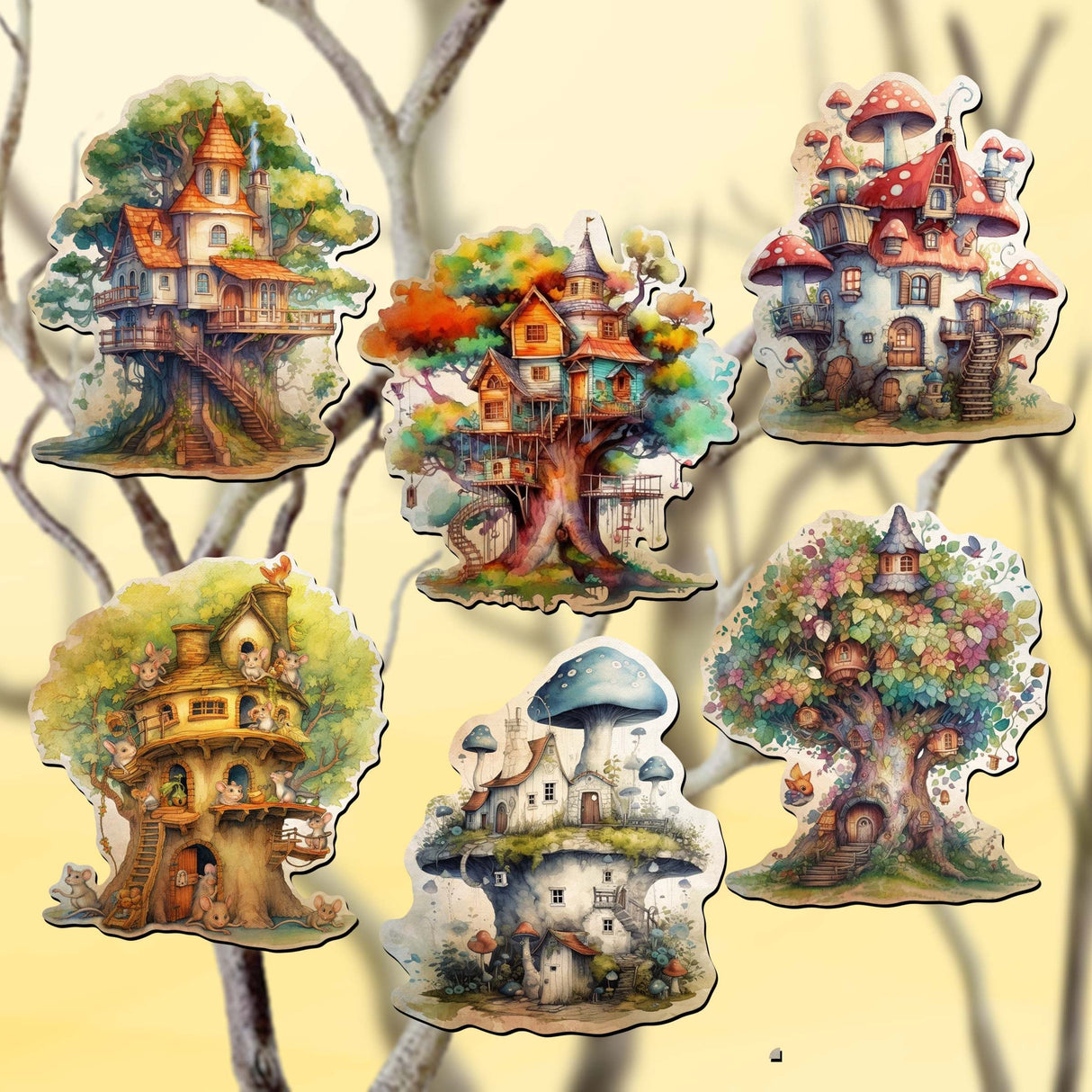 Tree House Decorative Wooden Clip-on Ornaments Set of 6 by G. Debrekht - Christmas Decor - 8090026C-S6
