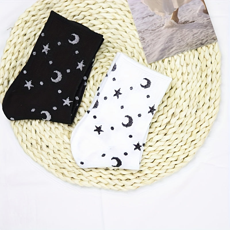 2 pares de calcetines con estampado de estrellas y lunas, cómodos y transpirables, medias de tubo medio para mujer.