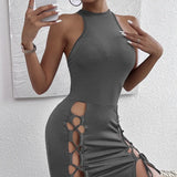 Women's Solid Color Sleeveless Skirt With Slit And Cross Tie, Sexy Tight Fitting Hip Hugging Dress, Short Skirt - Lootquake