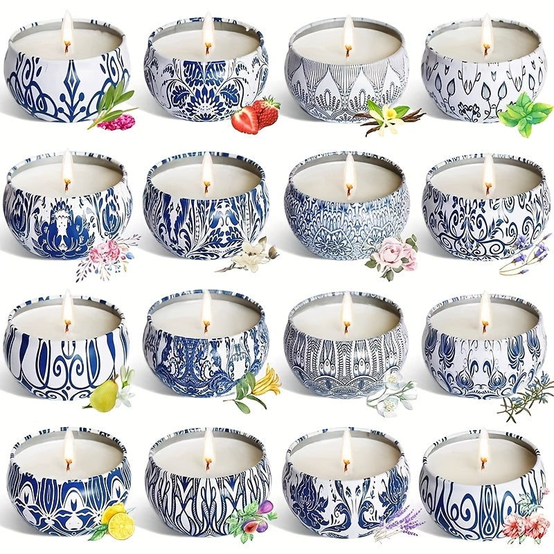 16pcs Blue And White Porcelain Scented Candle Smokeless, No Drip, Elegant Romantic Candle, Suitable For Family, Swimming Pool, Sabbath, Wedding, Church, Also Very Suitable For Halloween, Thanksgiving, Valentine'S Day And So O