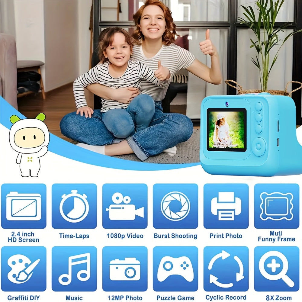 Appareil photo instantané pour enfants 2,4 pouces, carte 32 Go, 3 rouleaux de papier, chargement USB, cadeau d'anniversaire, Halloween, Noël, appareil photo numérique haute définition, adapté aux enfants