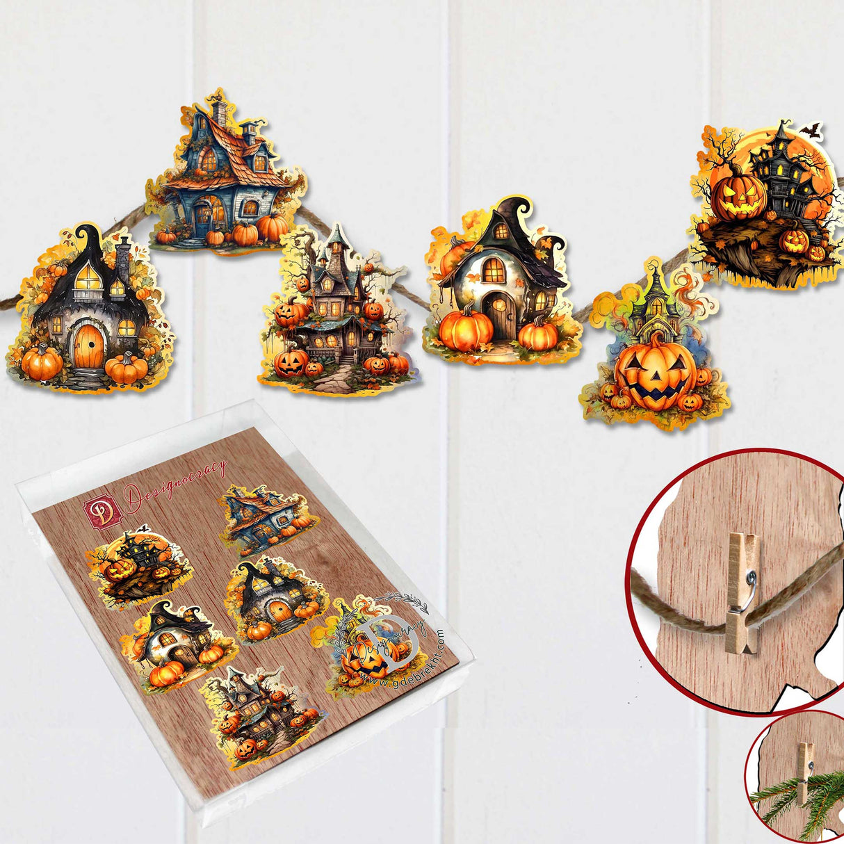 Spooky Houses Decorative Wooden Clip-on Ornaments of 6 by G. Debrekht - Halloween Decor - 8090007C-S6