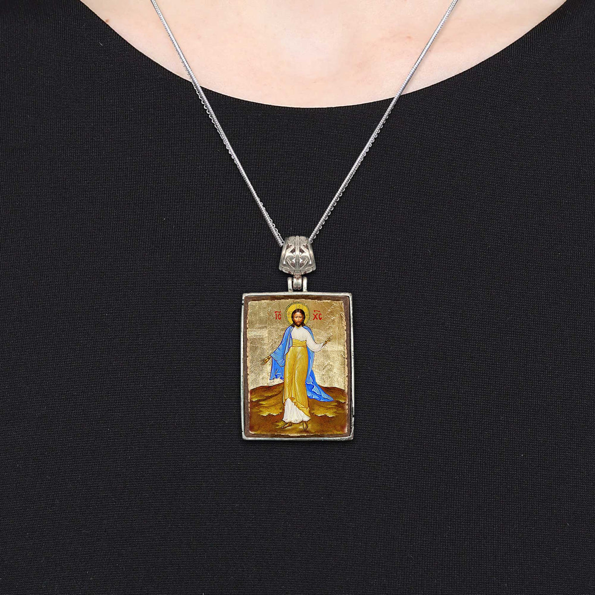 Jesus Religious Jewelry Silver Plated Necklace, Gold-Plated Wooden Cabochon - Christian Sacred Icon - Inspirational Icon Decor - 43051R