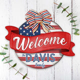 Letrero de bienvenida para puerta de entrada, nombre personalizado, bandera estadounidense, corona de porche, letrero de bienvenida familiar para entrada principal - Decoración de porche delantero de madera - 933103HC