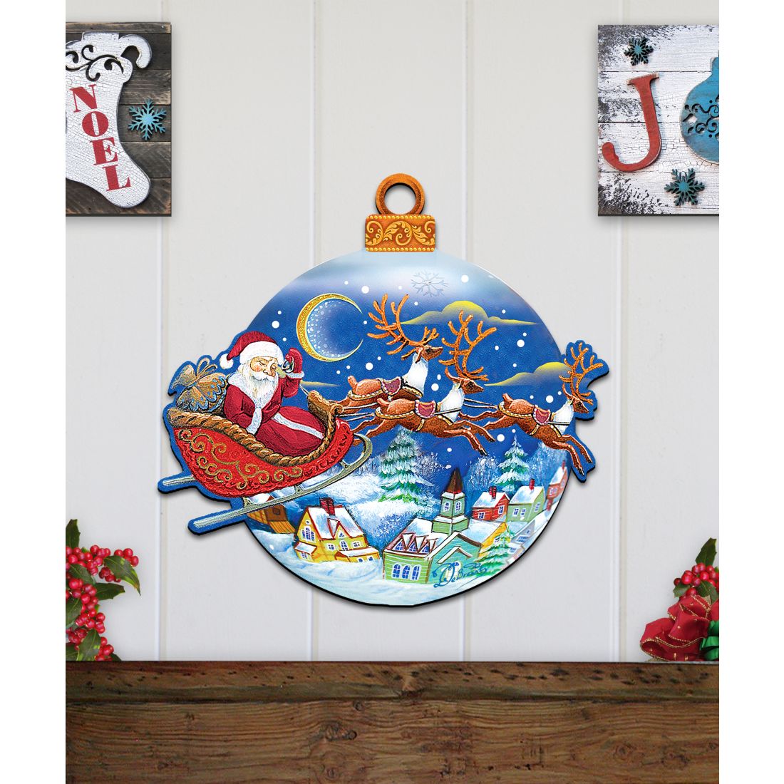 Up-Up and Away Santa Sleigh Ball Door Decor by G. DeBrekht - Christmas Santa Snowman Decor - 8112160H