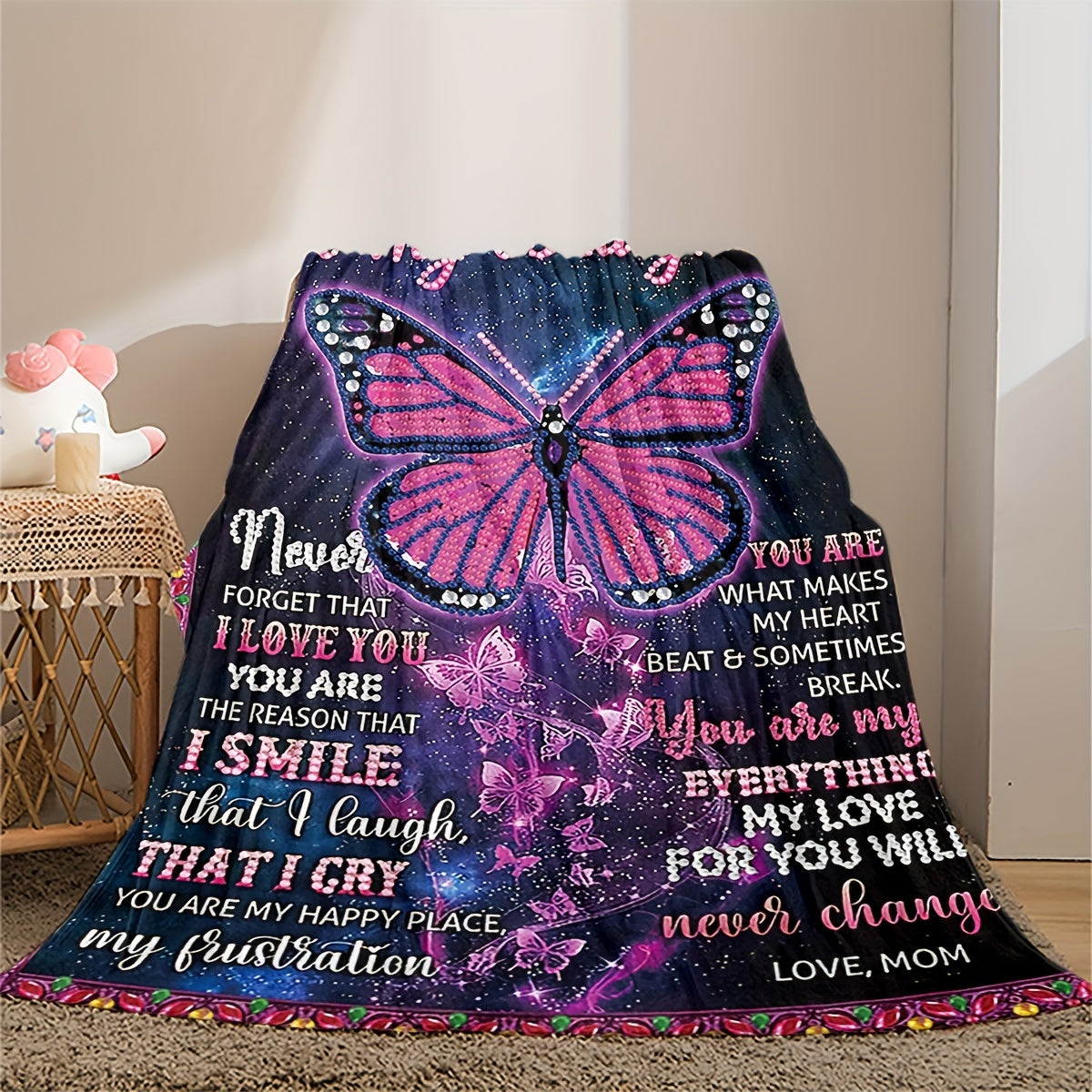 1pc Butterfly Printed Flannel Blanket, To My Daughter From Mom Envelope Blanket For All Season, Warm Cozy Soft Throw Blanket Nap Blanket For Couch Bed Sofa Office Camping Travel Home Decor, Holiday Gift Blanket For Daughter