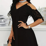 Ladies' V-neck Fashionable Loose Off Shoulder Half Sleeved One Shoulder Crochet Lace Hollow Out Casual Mini Dress - Lootquake