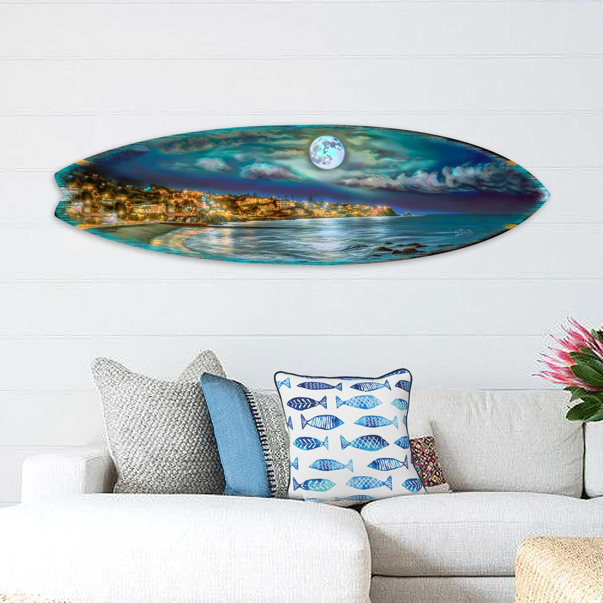 Arte mural costero con tabla de surf - Arte mural de noche de luna llena de G. DeBrekht - Decoración navideña costera - 8490137HS