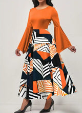 Ladies' Round Neck Printed Irregular Cuff Design Fashionable Dress - Lootquake