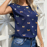 Ladies' Fashionable Butterfly Print Top With Round Neck Pullover And Short Sleeved T-shirt - Lootquake