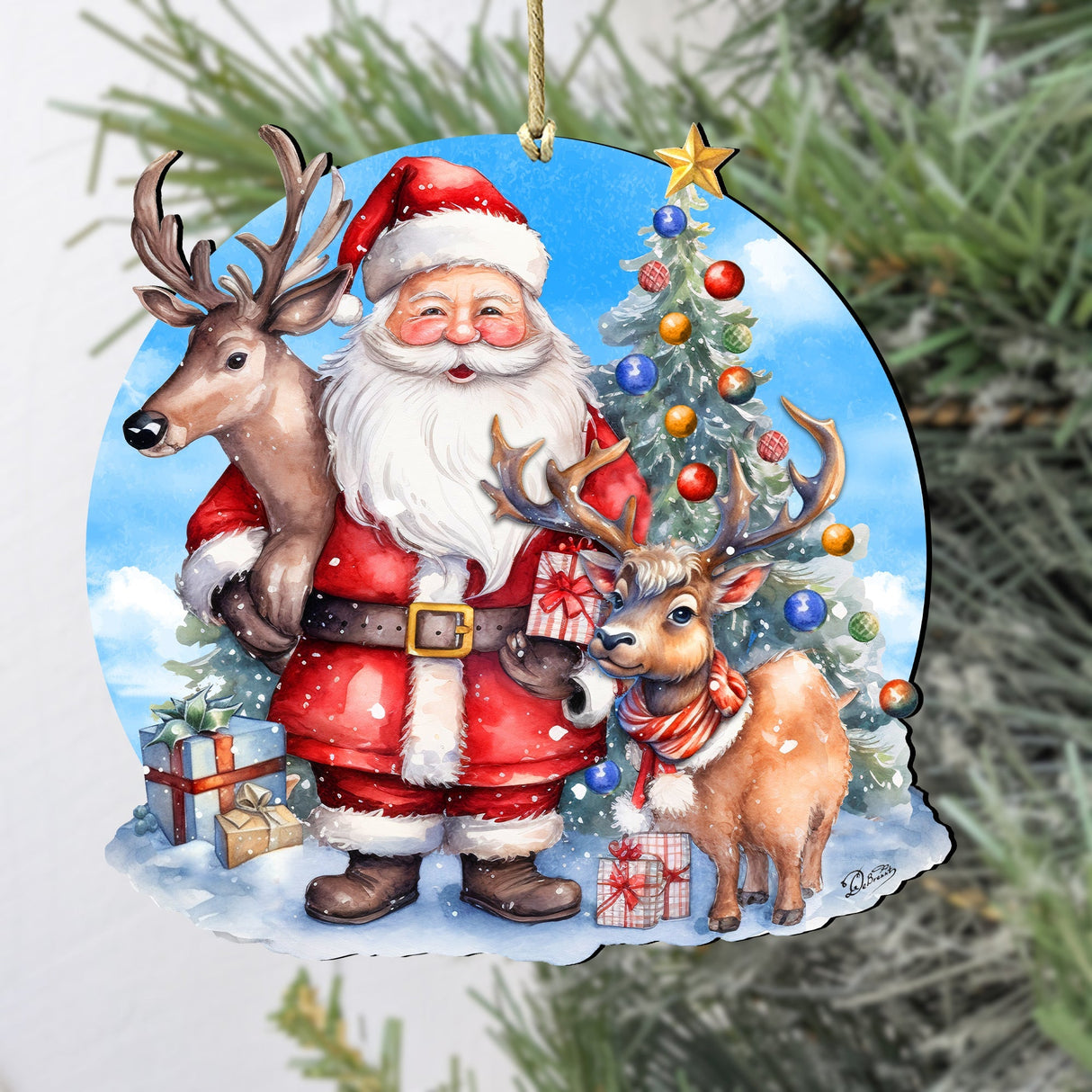 Santa with Reindeer Wooden Ornaments by G. Debrekht Christmas Santa Snowman Decor - 8611032