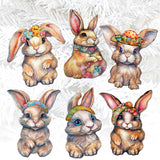 Easter Bunnies Decorative Wooden Clip-on Ornaments Set of 6 by G. Debrekht - Easter Decor - 8090042C-S6