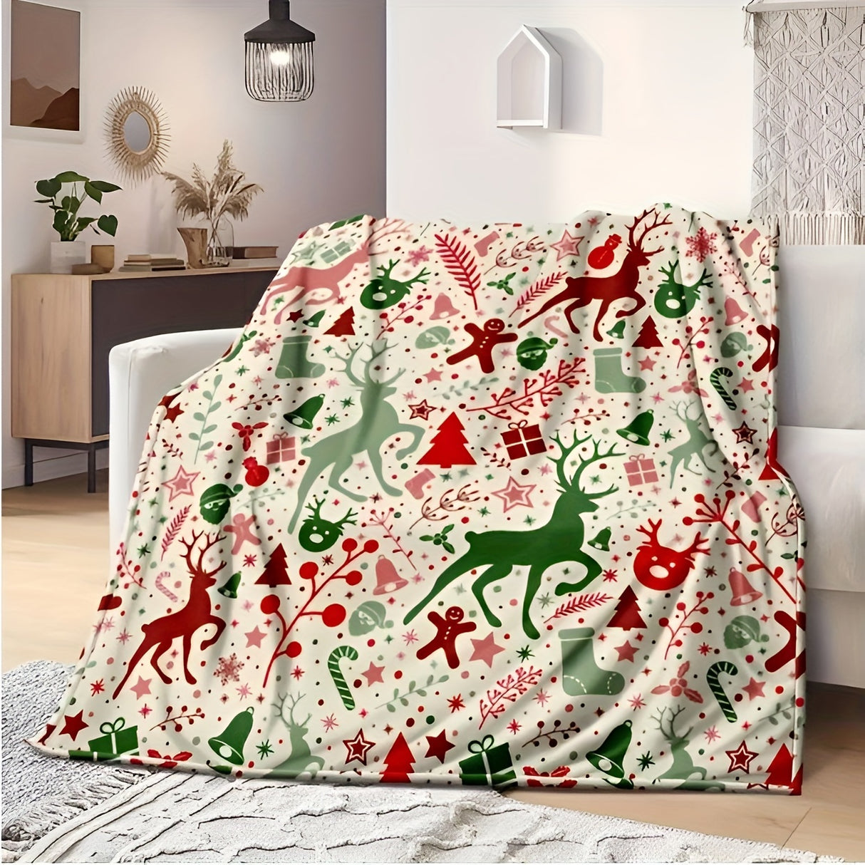 1pc Christmas Throw Blanket - Reindeer and Christmas Trees Printed, Soft, Cozy, Holiday-Themed, Versatile Throw for Couch, Bed, Sofa, Office, Camping, Indoor and Outdoor Use