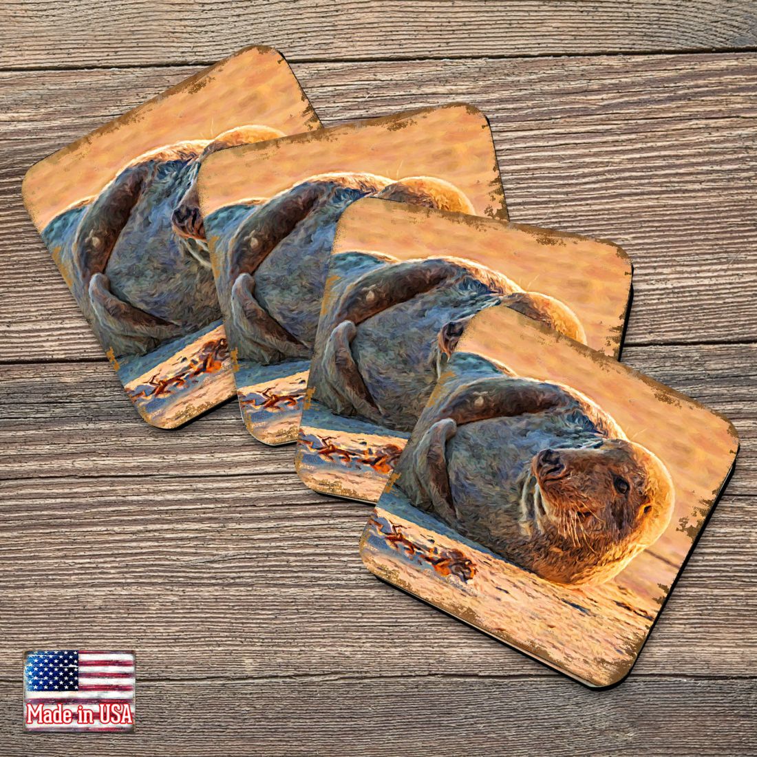 Posavasos de corcho de madera con diseño de foca costera, juego de regalo de 4, de Nature Wonders - Decoración costera con vida marina - 95260C-S4