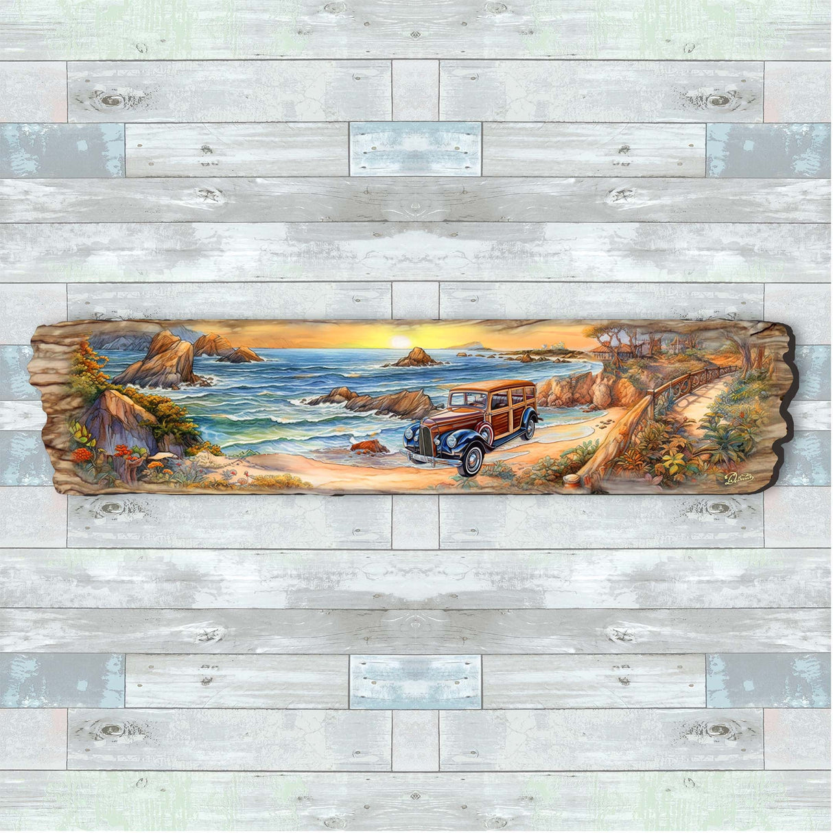 Arte mural de madera con coche retro en la playa de G. DeBrekht Coastal Decor - 8491114W