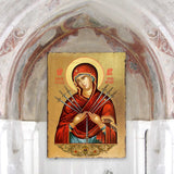 Virgin Mary of the Seven Swords Wooden Gold Plated Religious Christian Sacred Icon - Inspirational Icon Decor - 85037