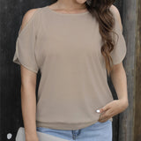 Ladies' Summer Design Off Shoulder Split Sleeve Round Neck Loose Solid Color T-shirt - Lootquake