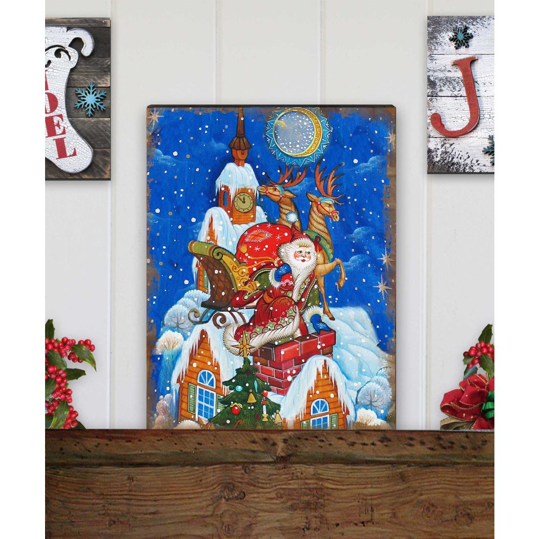 Arte mural de madera de Papá Noel con entrega especial de G. DeBrekht - Decoración navideña de Papá Noel y muñeco de nieve - 81215822B