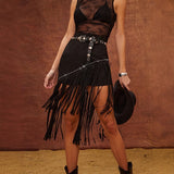 High Waisted Suede Western Studded Tassel Asymmetrical Solid Color Skirt