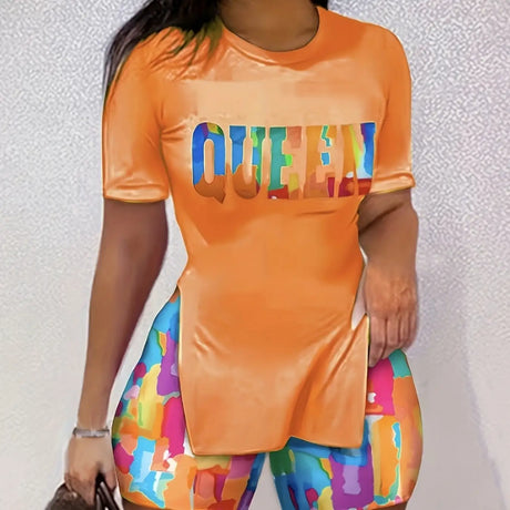 Women's Printed Round Neck Slit Fashion Top And Shorts Set - Lootquake
