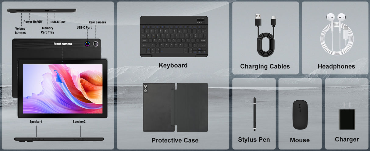Tableta Android A10L de 10 pulgadas, 12 GB de RAM, 64 GB de ROM, pantalla táctil IPS HD con teclado, estuche, ratón y lápiz óptico, kit de tableta 8 en 1