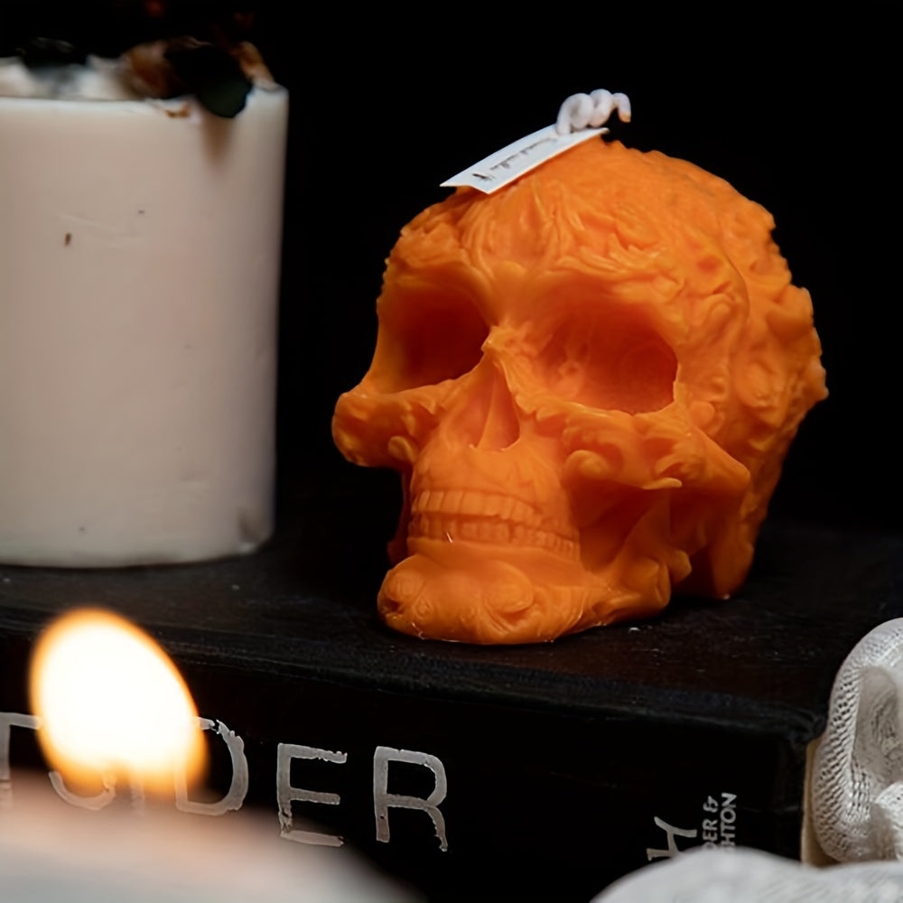 Bougie d'aromathérapie Crâne d'Halloween - Bougie parfumée à la cire de soja à mèche unique dans un pot, de forme ovale avec embellissements pailletés pour une décoration d'ambiance festive
