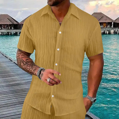 Polo Collar Solid Color Short Sleeve Button Men's Casual Loose Short Sleeves Shirt - Lootquake