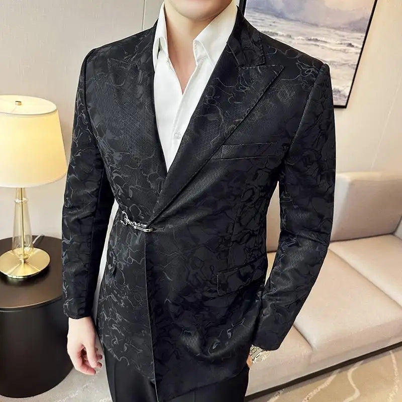 Vintage Pattern Men's Casual Suit Metal Hook Placket Closure Collar Leather Texture Suit - Lootquake