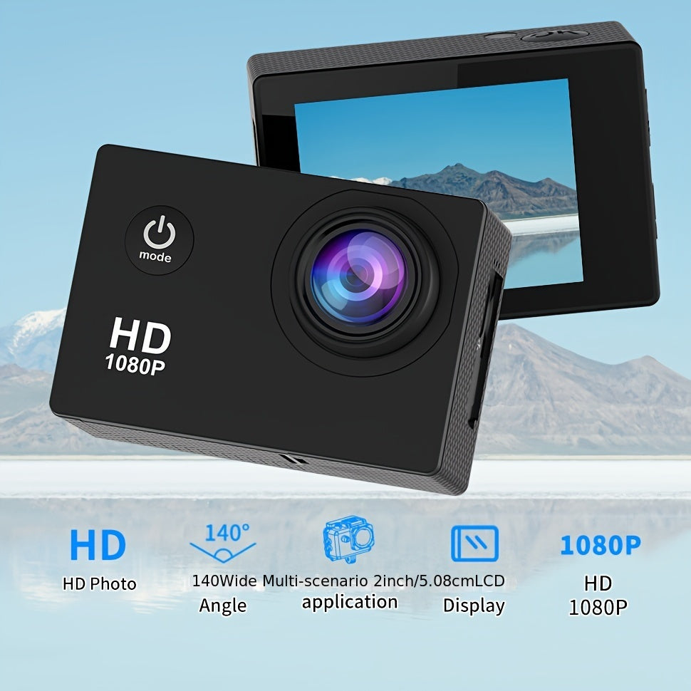 Caméra d'action HD 1080p avec objectif ultra grand angle 140°, exposition automatique, stabilisation numérique, effet fisheye, batterie rechargeable, stockage sur carte SD, format vidéo MP4 pour les prises de vue sportives en extérieur