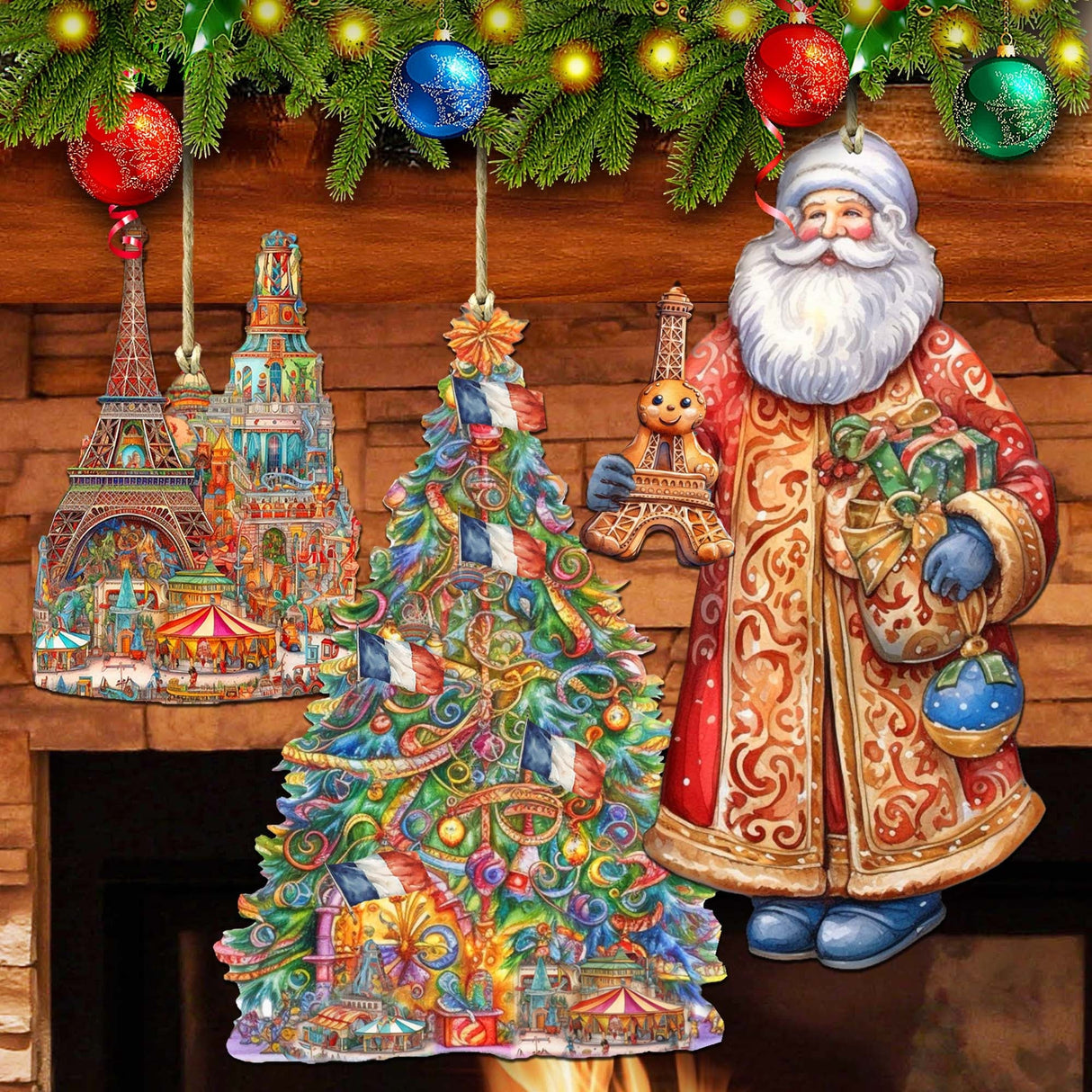 Papá Noel de todo el mundo - Papá Noel de inspiración francesa - Juego de 3 adornos de madera de G. DeBrekht - Decoración navideña de Papá Noel y muñeco de nieve - 8091303S3