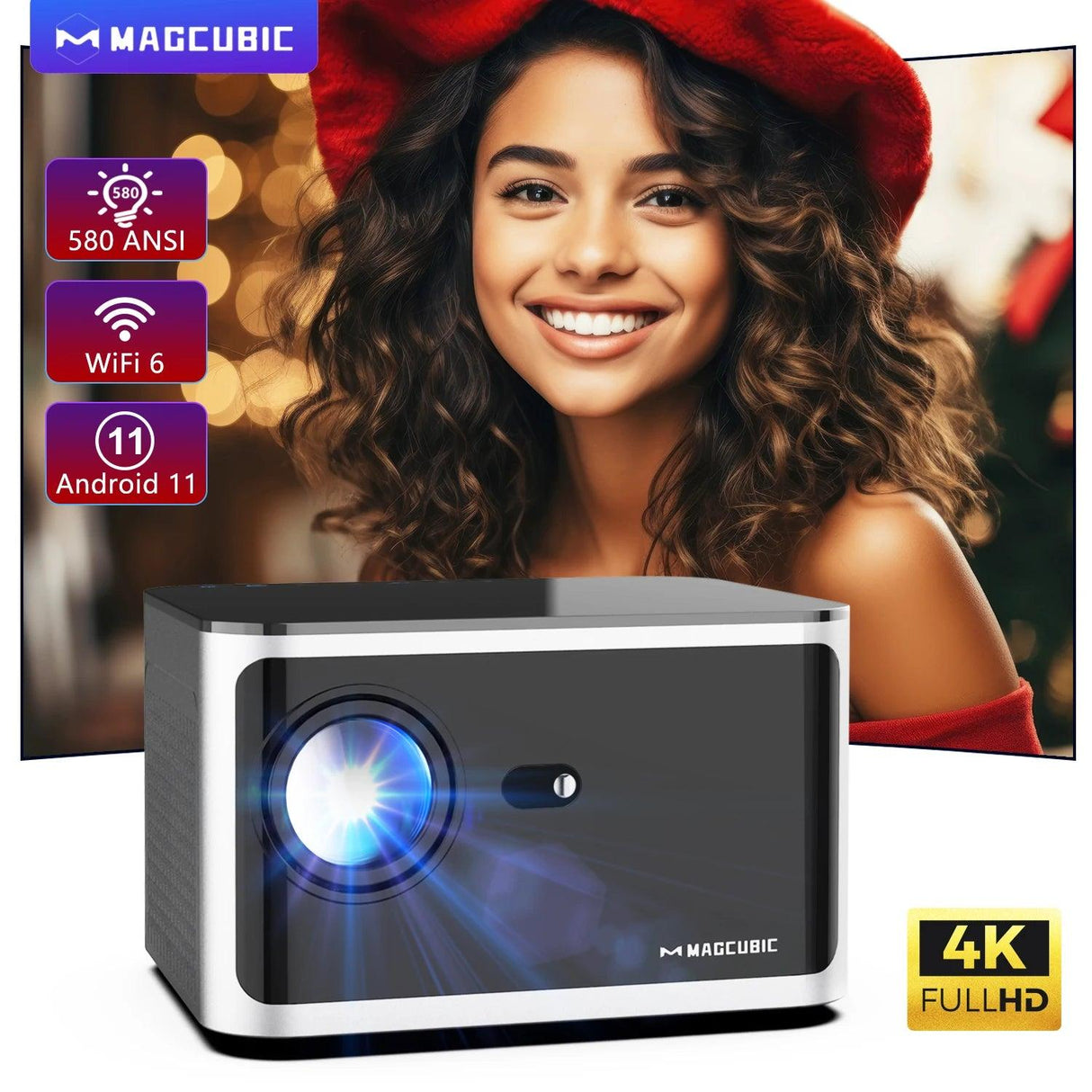 Magcubic 580 ANSI Lumens 4K Projector with Android 11 and WiFi 6