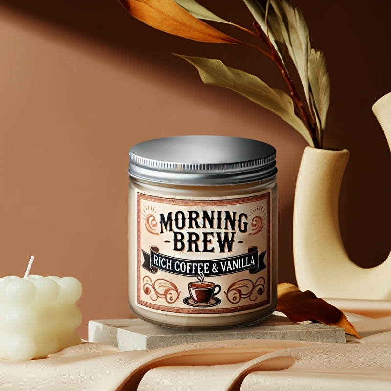Morning Brew Rich Coffee & Vanilla Scented Candle, Hand-Poured Soy Wax, Single-Wick, Resin Jar with Glitter Embellishment, for Home Aromatherapy, Stress Relief, Decorative Gift for Holidays - Christmas, Easter, Thanksgiving,
