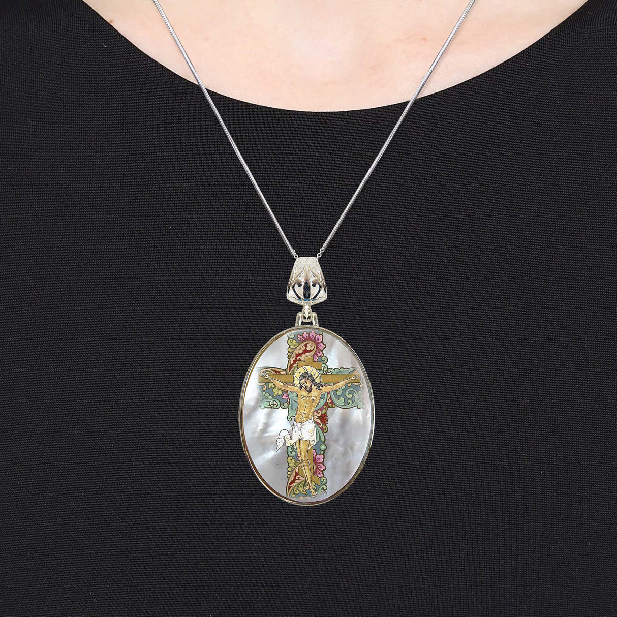 Jesus Cross Silver-Plated Mother of Pearl Necklace Jewelry - 43030
