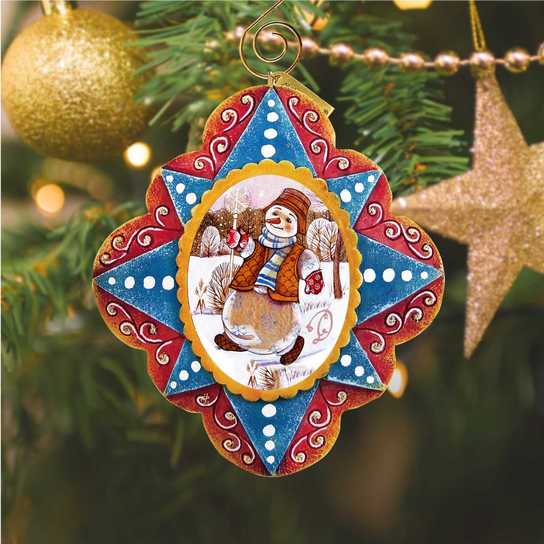 Figura navideña del juguetón Sr. Muñeco de Nieve, pintada a mano. Adorno navideño esculpido y pintado a mano por G. DeBrekht. Decoración navideña de Papá Noel y muñeco de nieve. 6102442