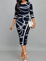 Ladies' Round Neck Printed Casual Bag Hip Dress - Lootquake