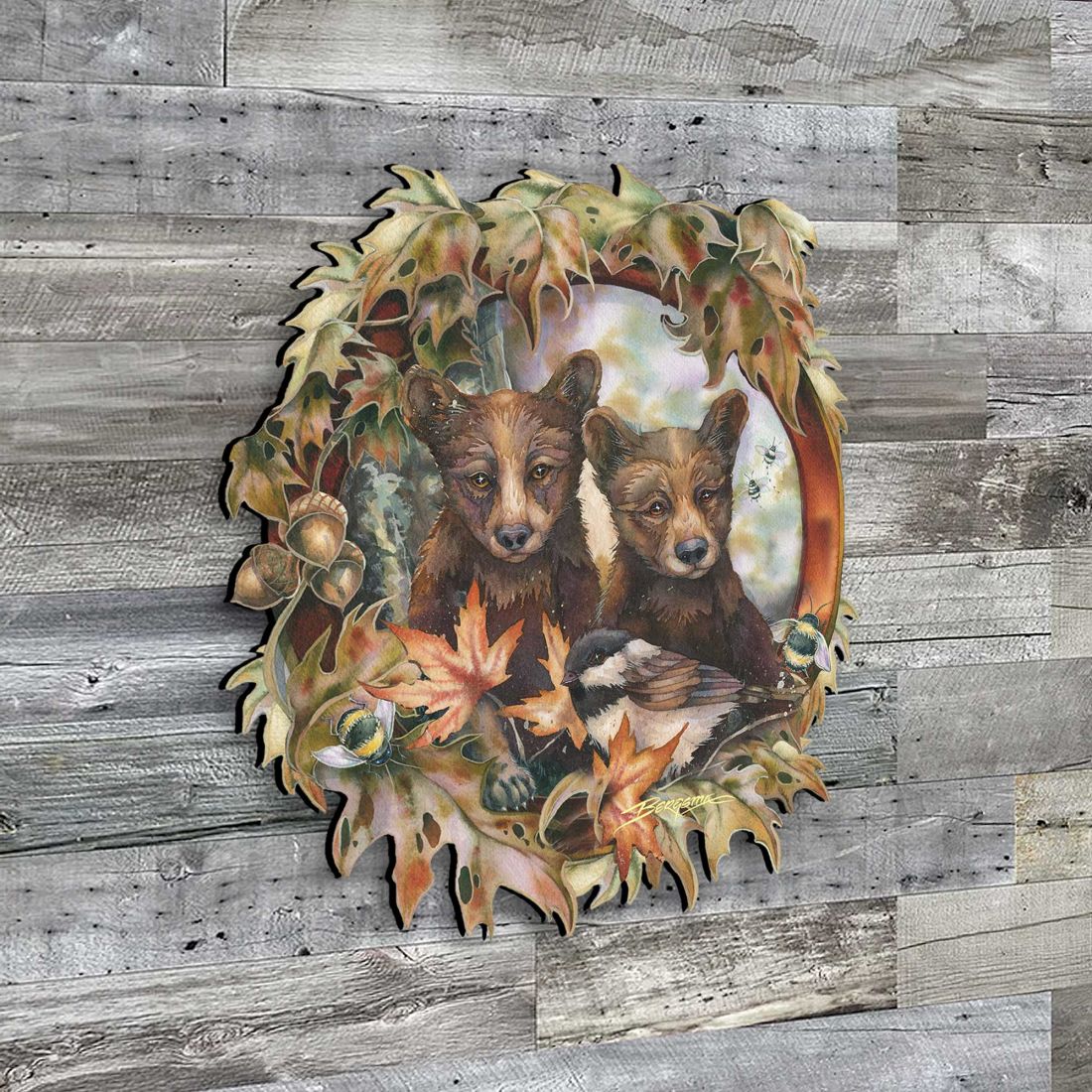 Arte de pared Simple Joys: Cachorros de oso negro con abejas, de J. Bergsma - Decoración navideña con temática de vida silvestre - 8591850W-JB